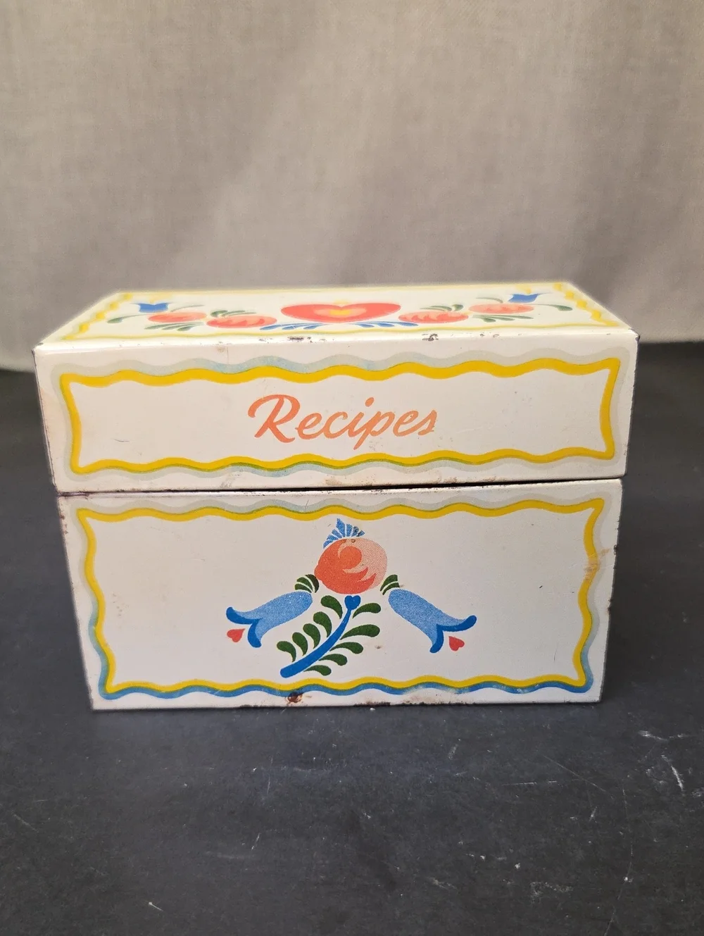 Vtg 1960s Ohio Art Co. Tin Recipe Box Folk Art Floral , Blue Metal Napkin Holder